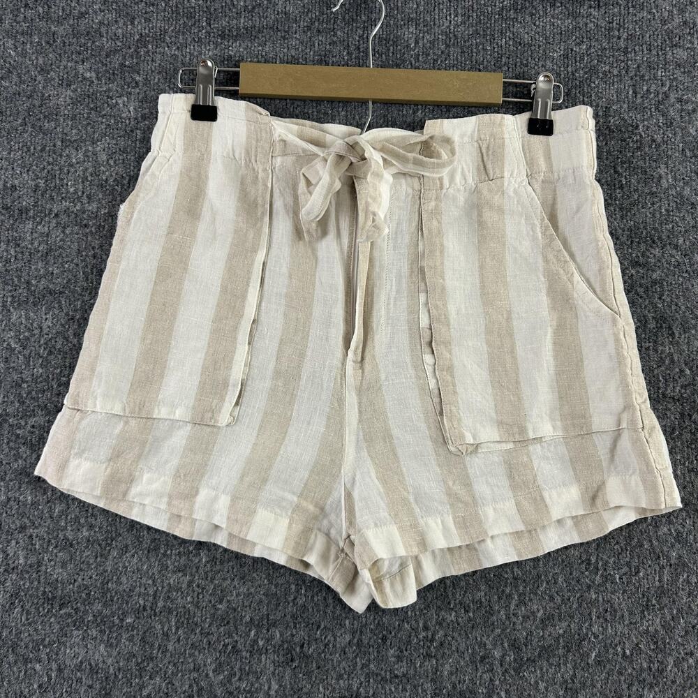 Lanhtropy Shorts Womens Large Paperbag Linen Striped Beige Beach Vacation Summer